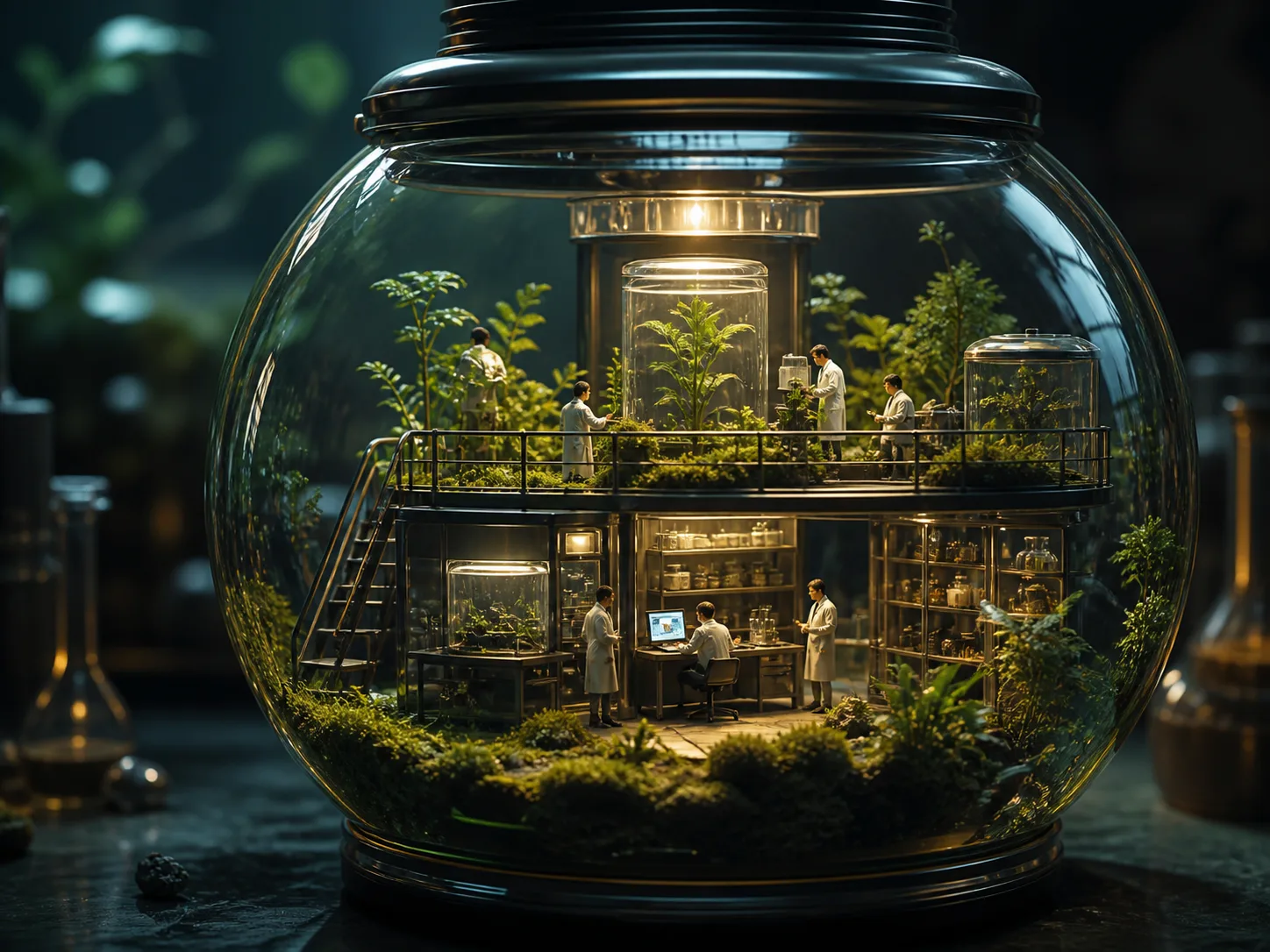Miniature botanical laboratory inside a glass terrarium