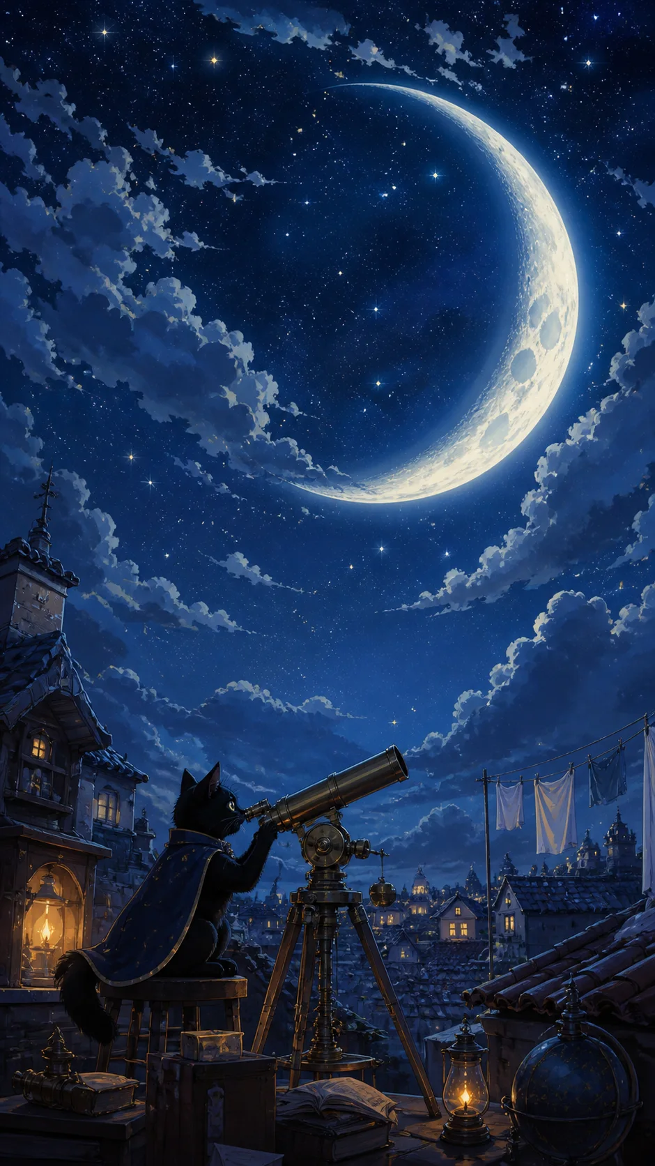 Black cat astronomer observing a giant crescent moon