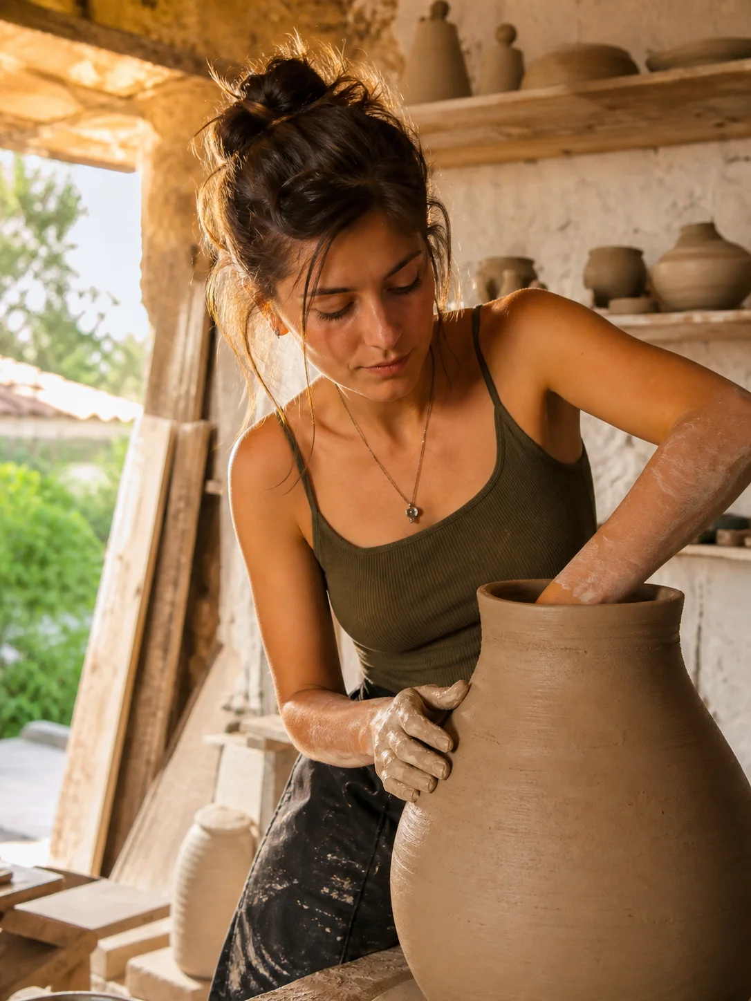 Ceramic artist shaping a large vessel by hand