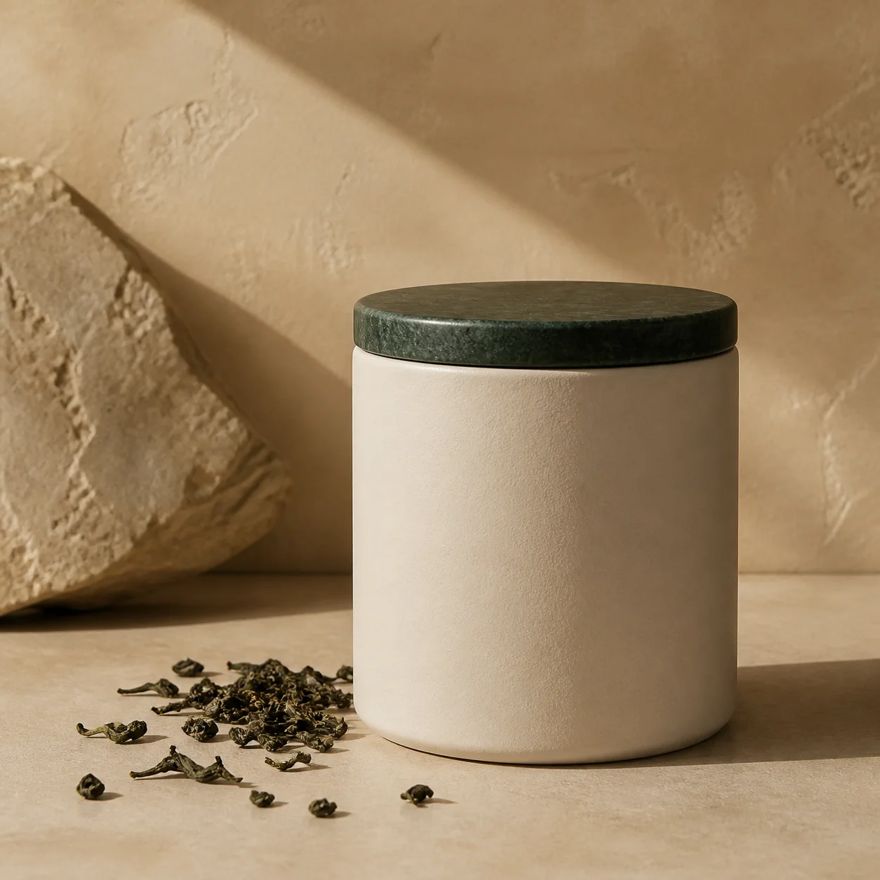 Ivory ceramic tea tin with a dark green stone lid