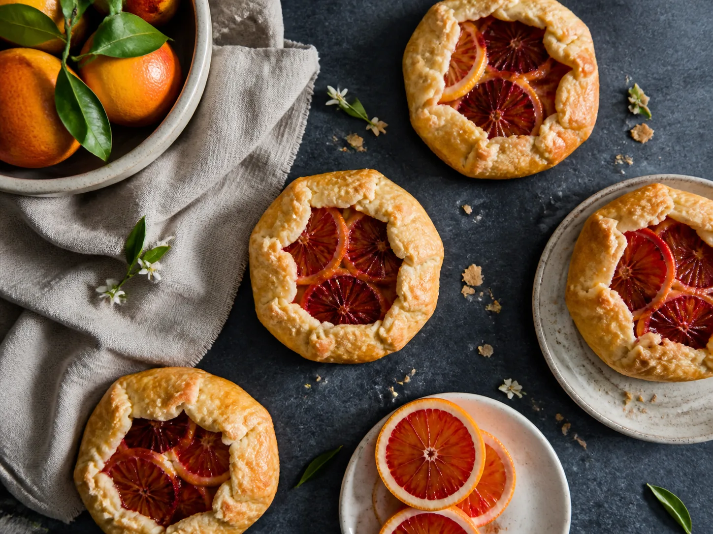 Blood orange pastries arranged on a dark slate table