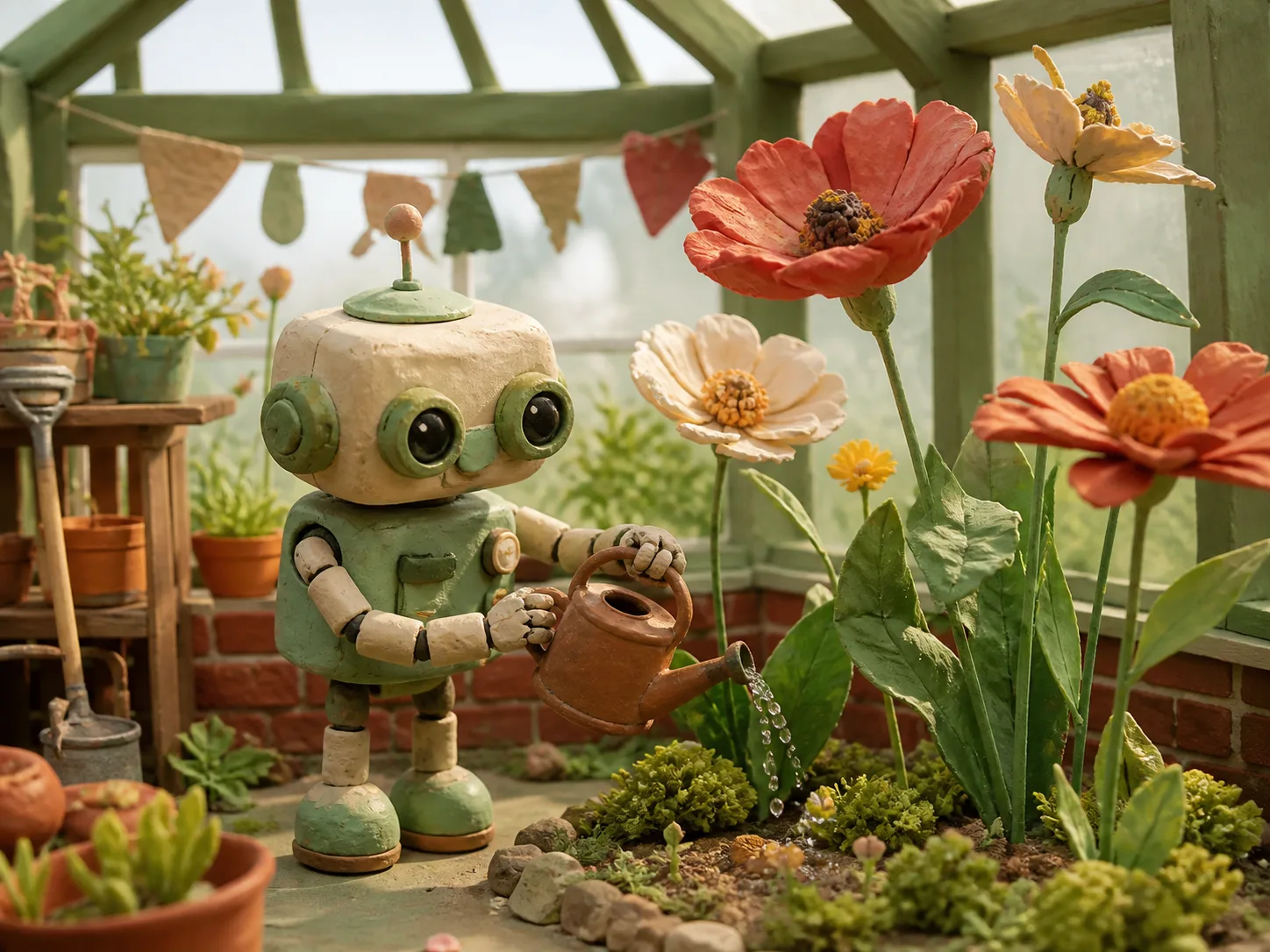 Small clay robot watering flowers in a greenhouse