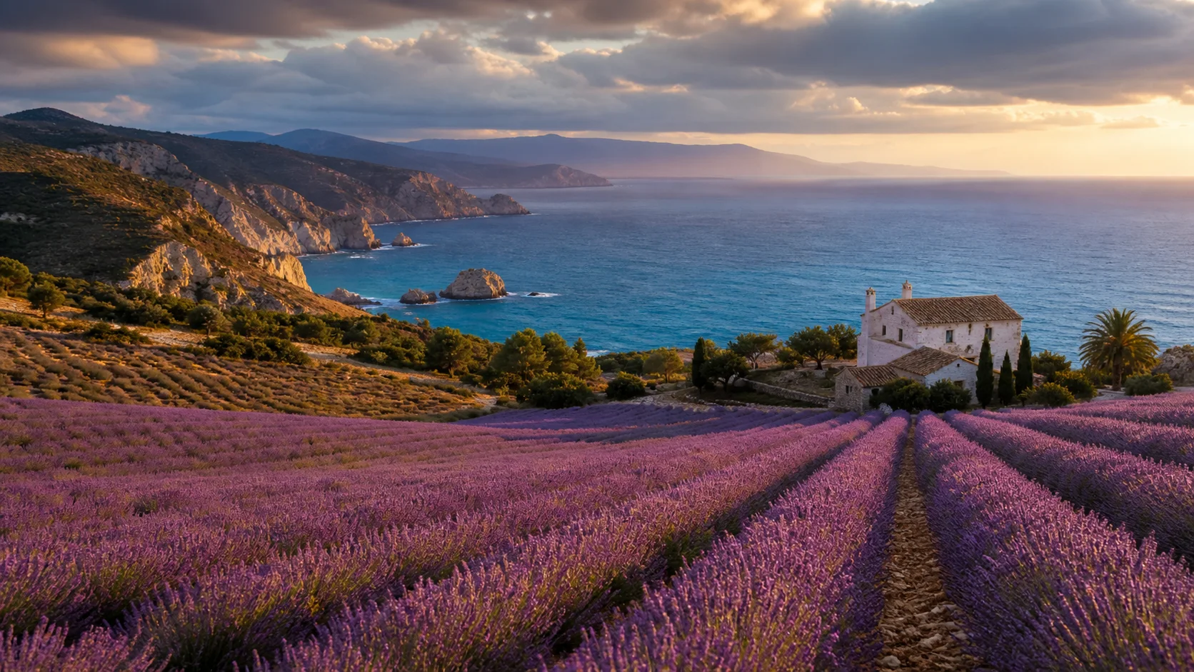 Lavender fields descending toward a blue coastline