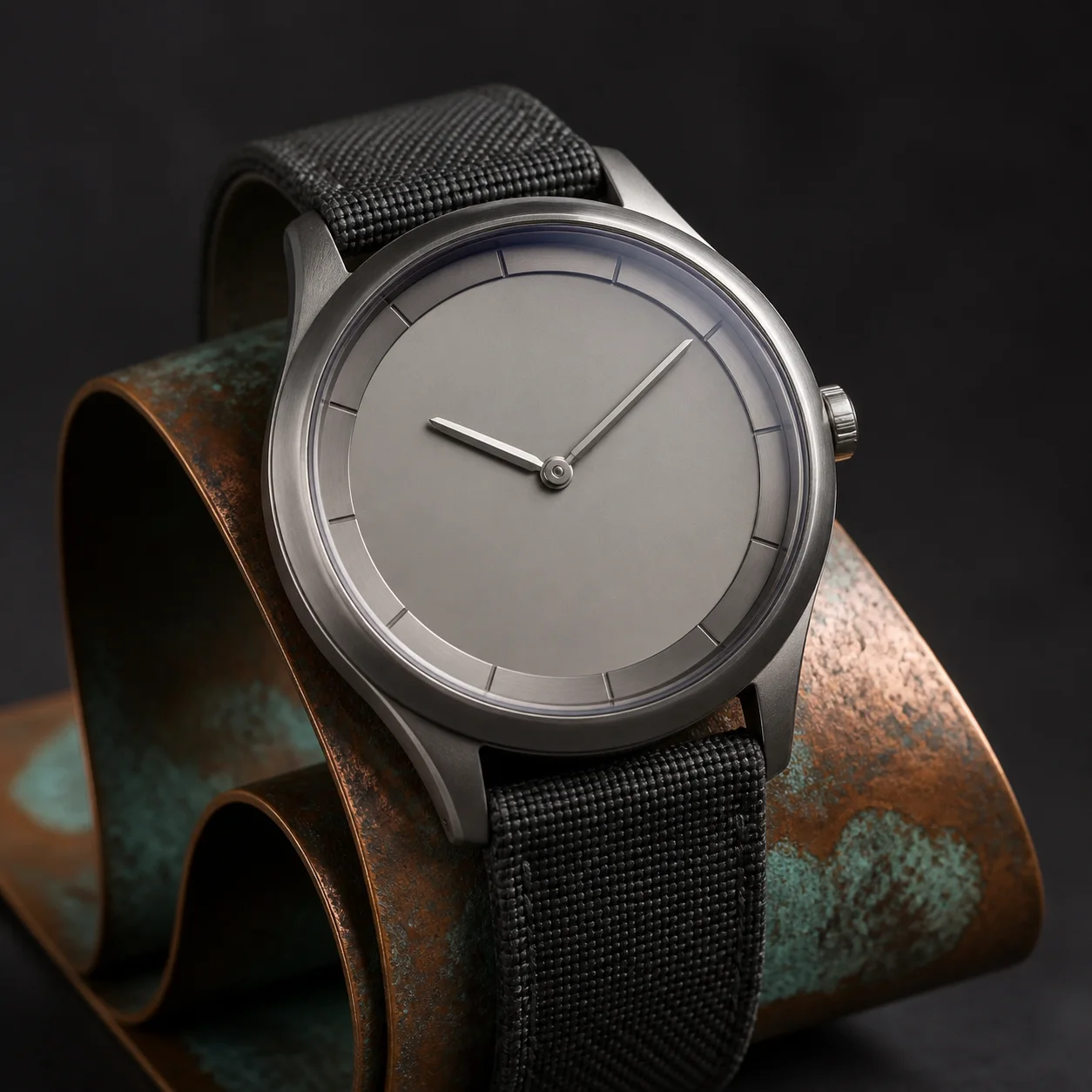 Minimal wristwatch on an oxidized copper ribbon