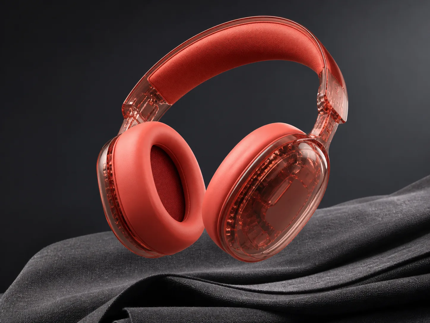 Translucent coral headphones floating above graphite fabric