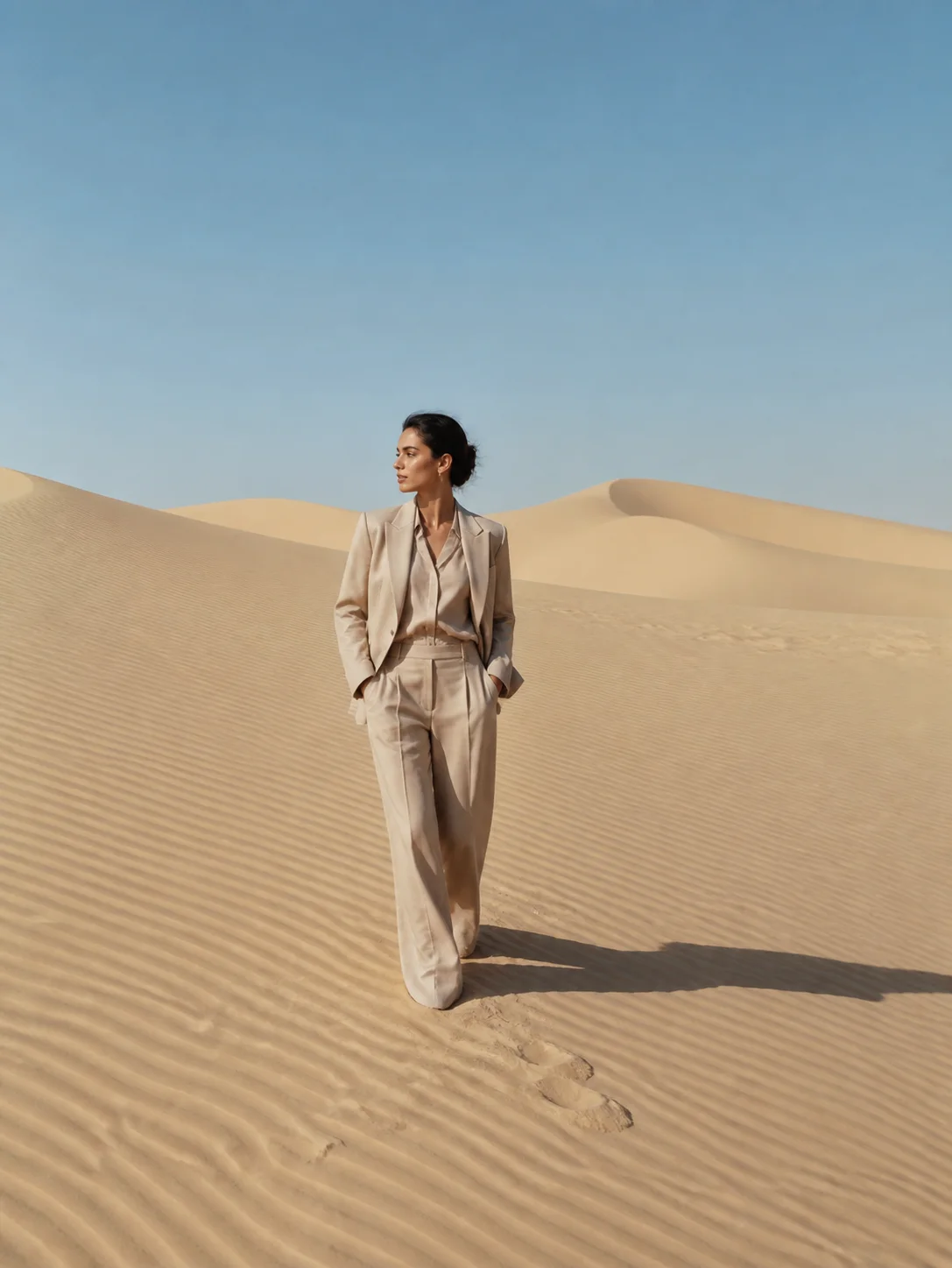 Fashion designer in a sand-colored suit among dunes