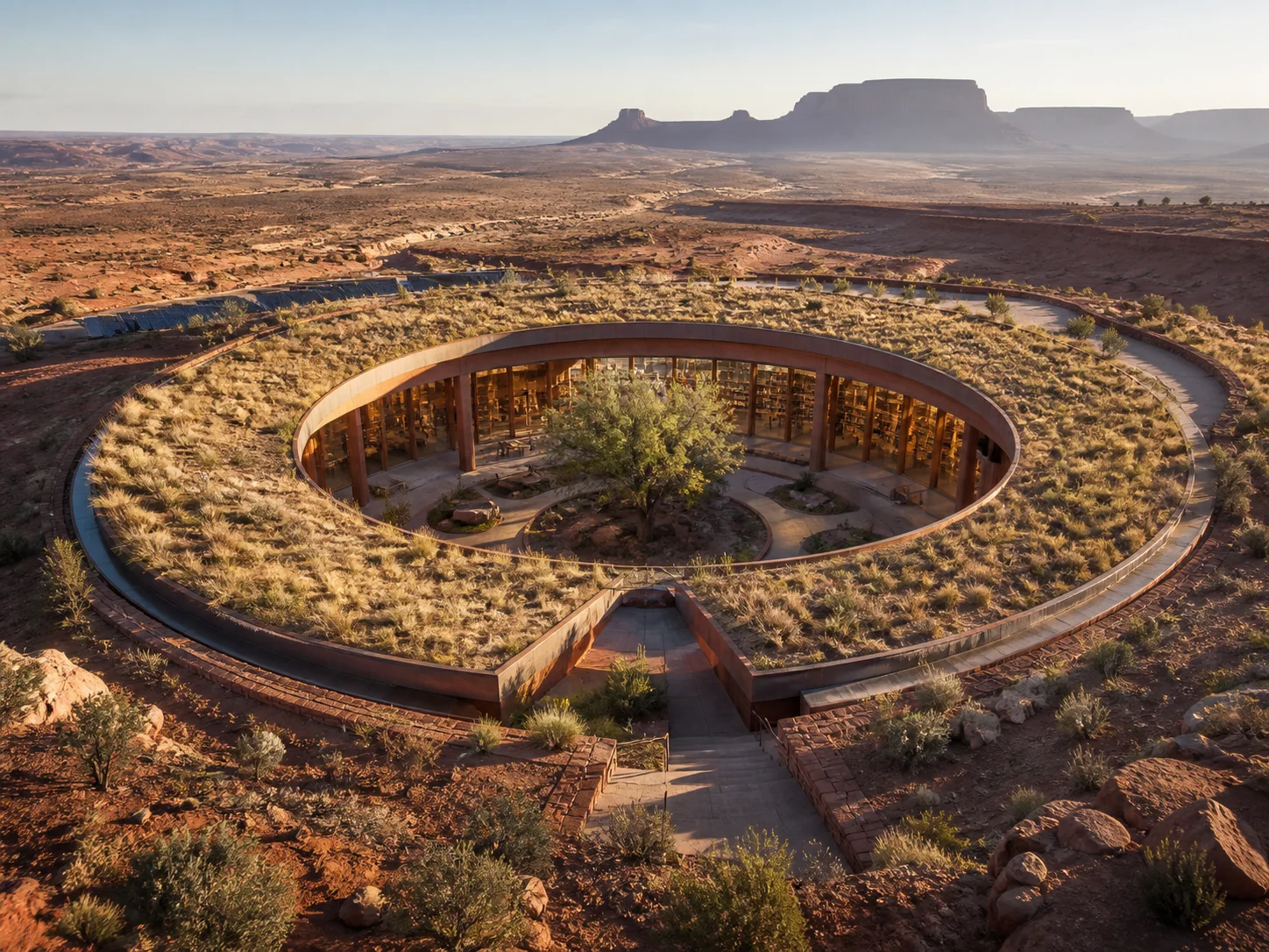 A circular desert library at golden hour