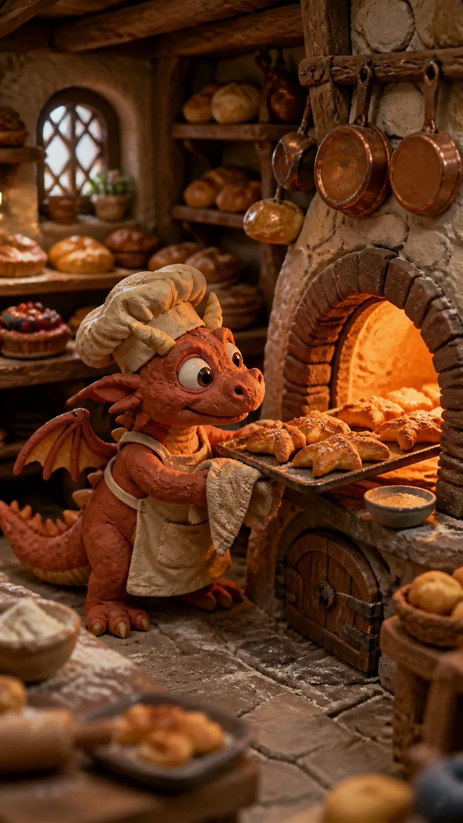 Clay dragon baker beside a glowing brick oven