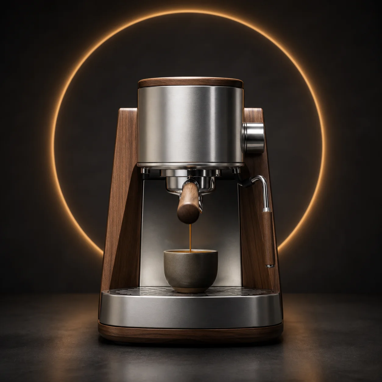 Walnut and steel espresso machine with an amber halo