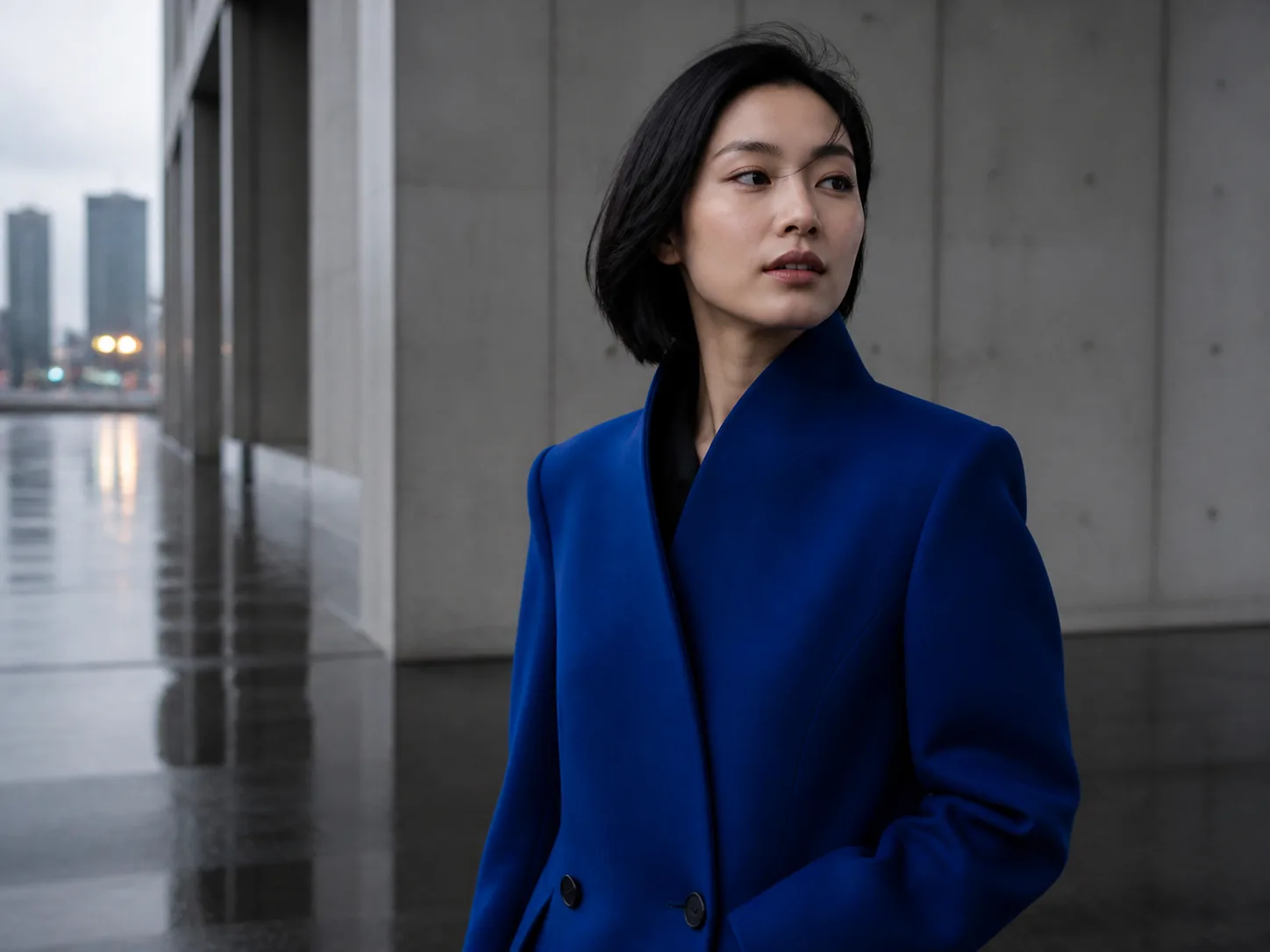 Editorial portrait in a cobalt coat by concrete architecture