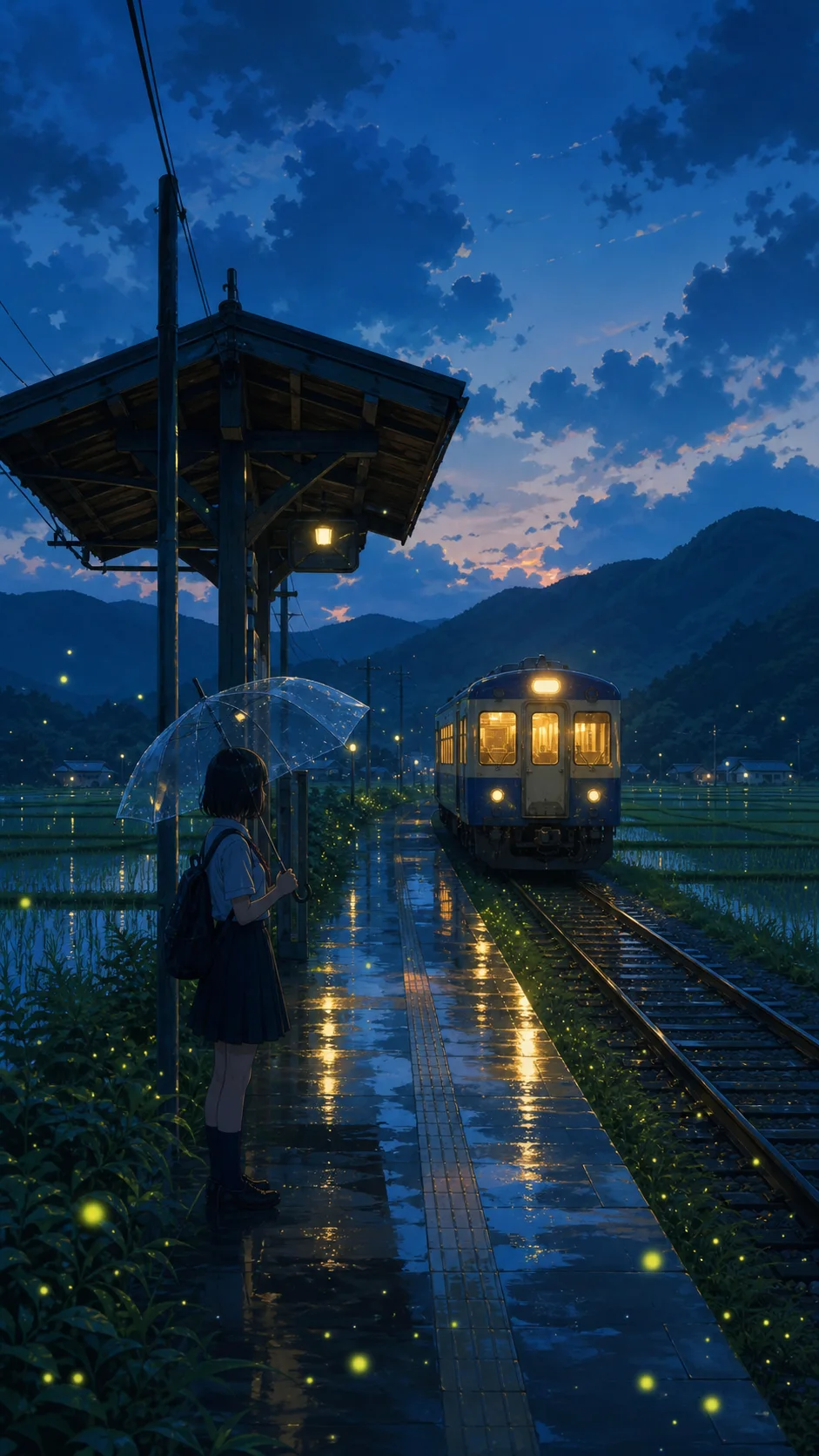 Cinematic train platform concept with fireflies