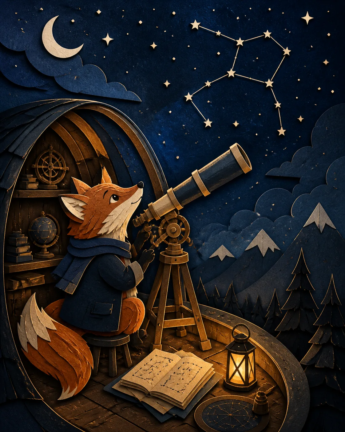 Paper-cut fox astronomer looking through a telescope