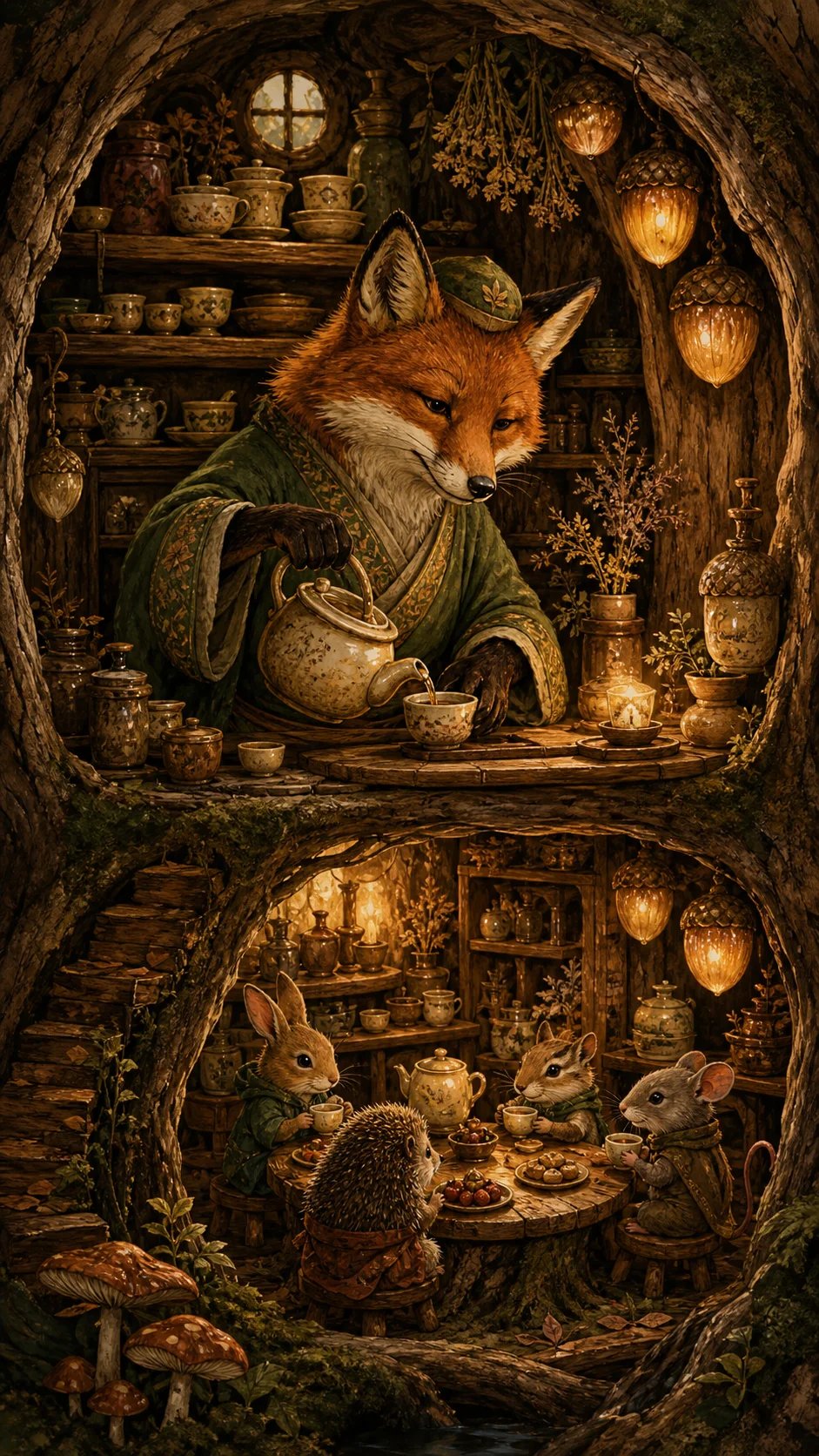 A storybook fox preparing tea in a warm workshop