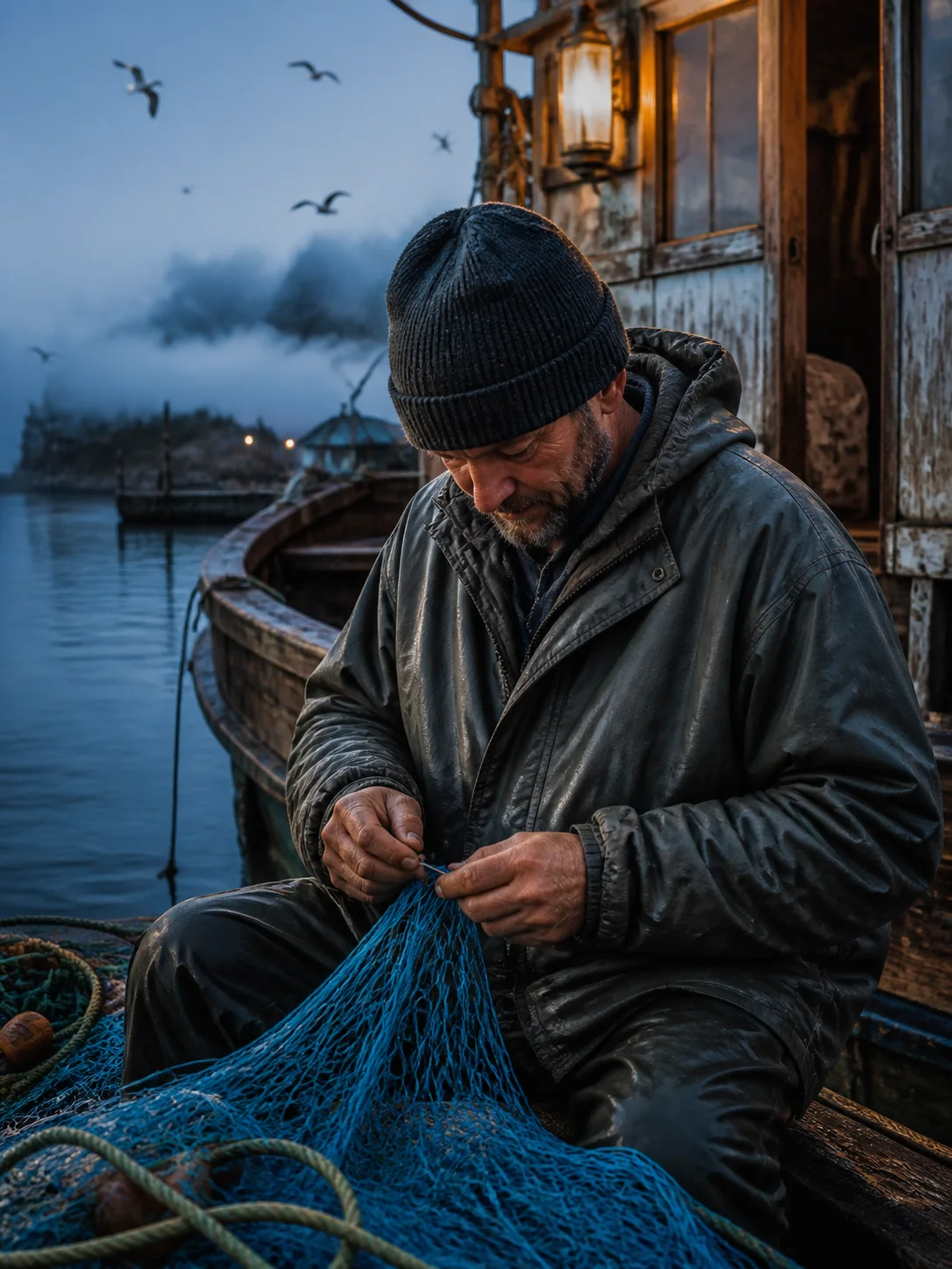 Fisherman repairing a blue net beside a wooden boat