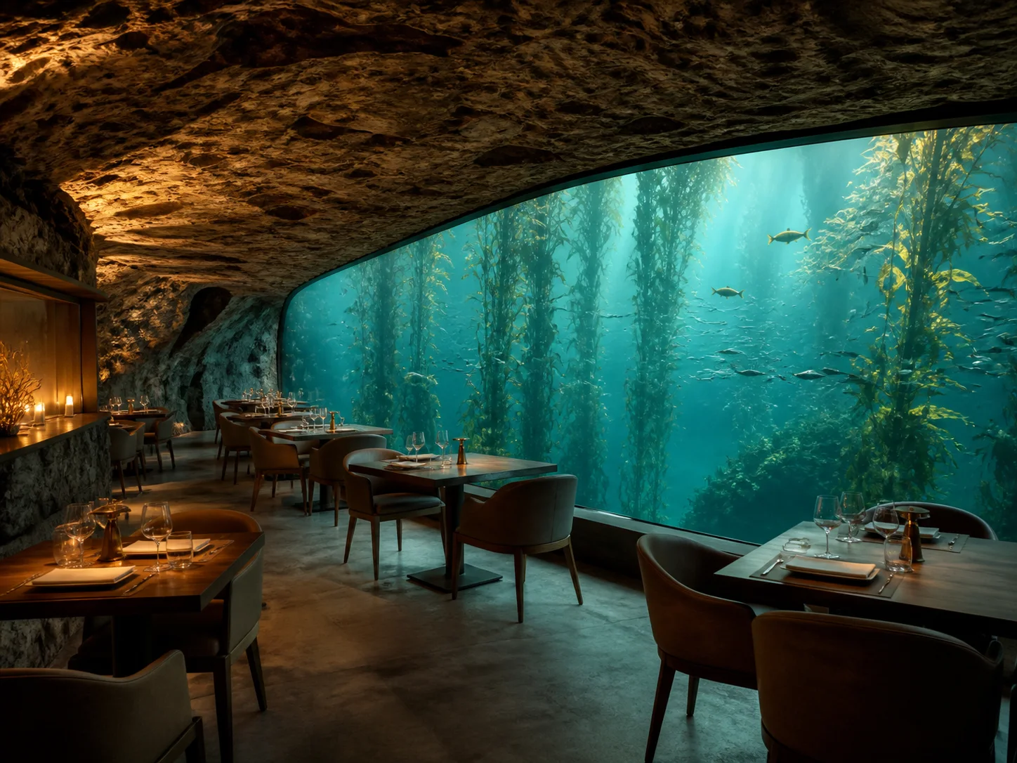 Underwater restaurant overlooking a kelp forest