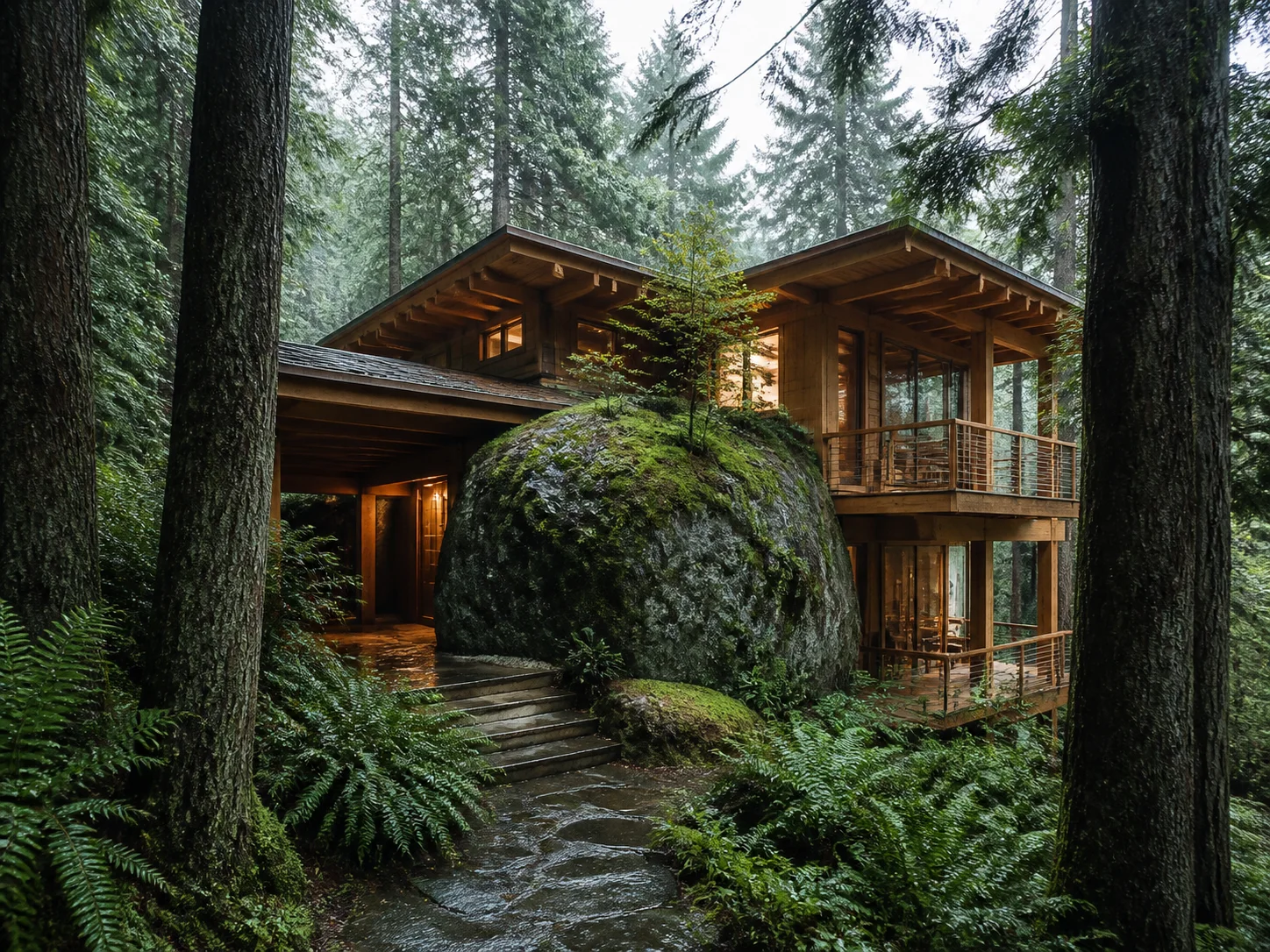Timber forest home wrapped around a mossy boulder