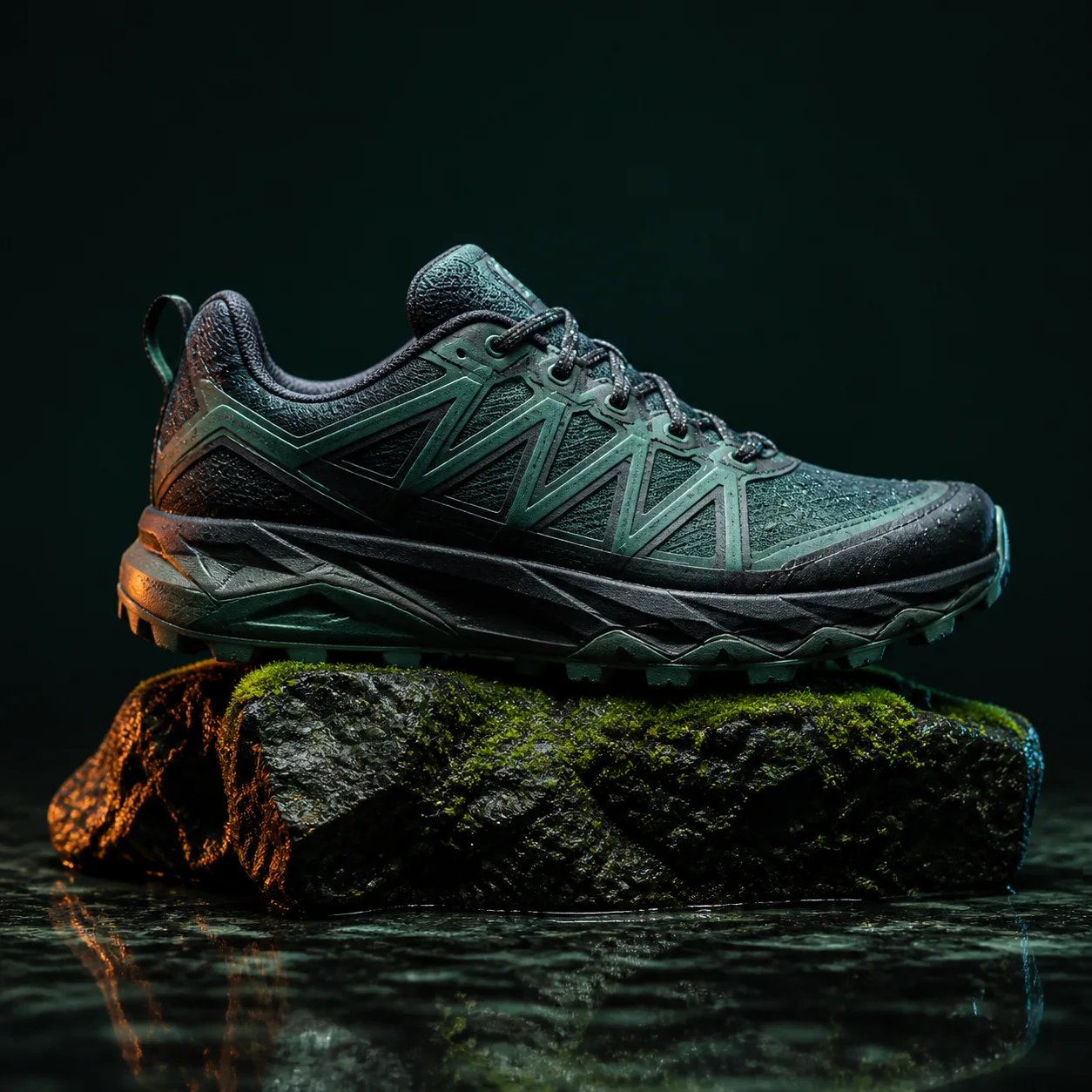 Rain-covered trail shoe resting on mossy basalt