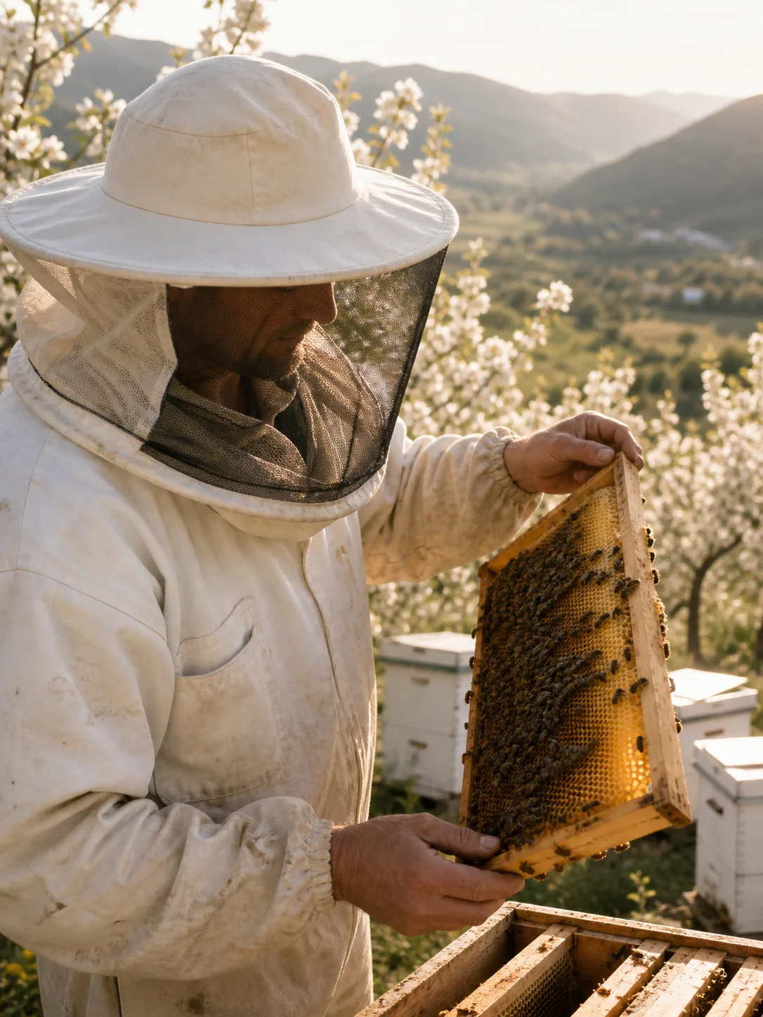 Beekeeper inspecting honeycomb in a flowering orchard