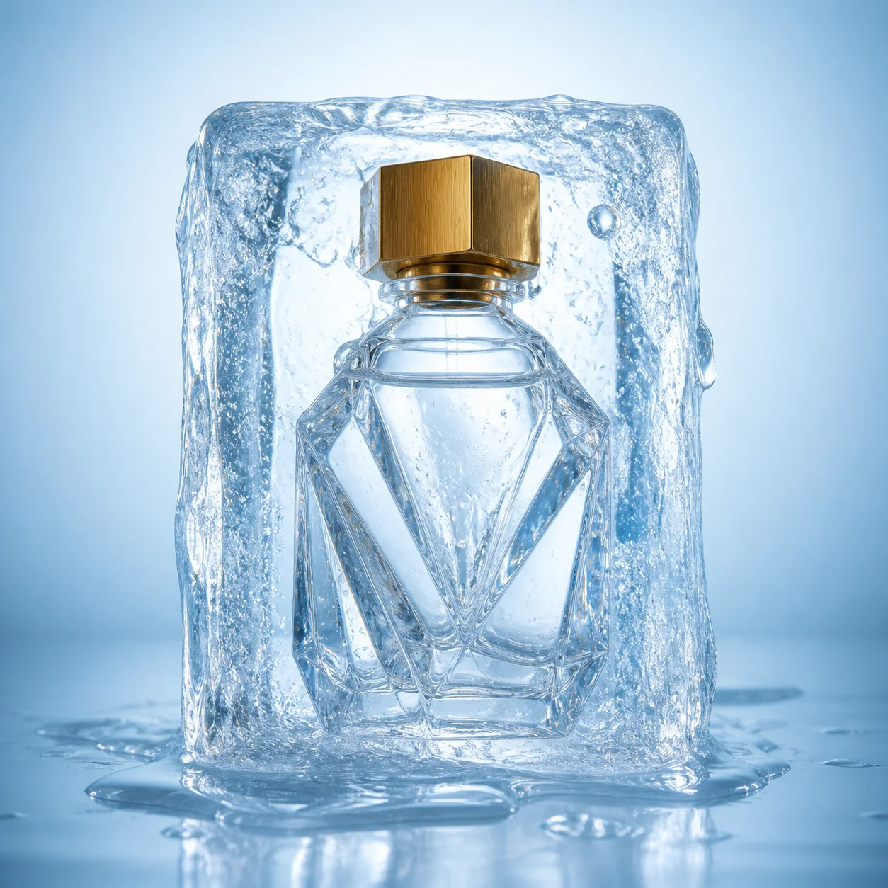 Clear perfume bottle frozen inside melting ice