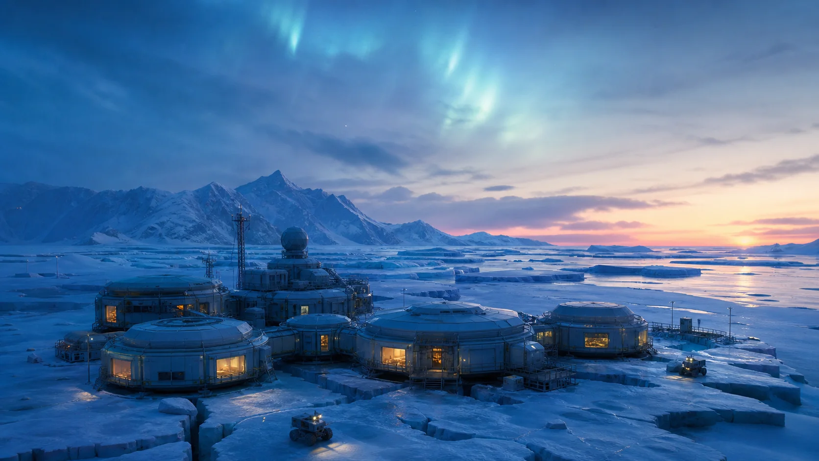 Polar research station under a fading aurora
