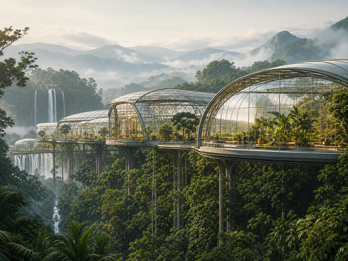 A glass greenhouse suspended over a rainforest