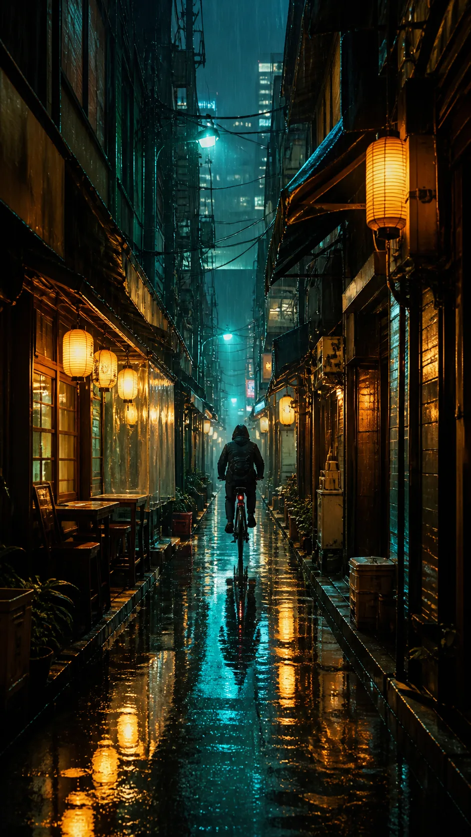 Cyclist riding through a narrow neon alley in the rain