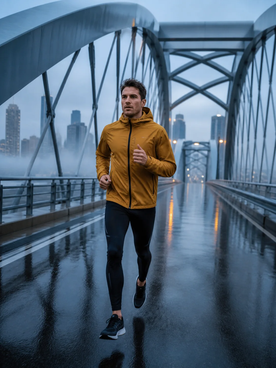 Runner in an amber jacket crossing a rainy steel bridge