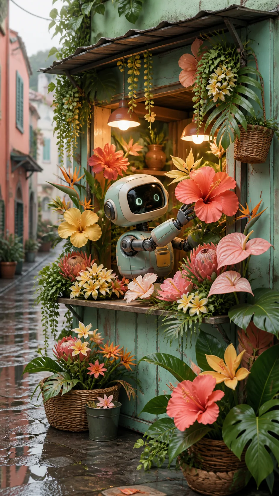 Small robot florist surrounded by tropical flowers