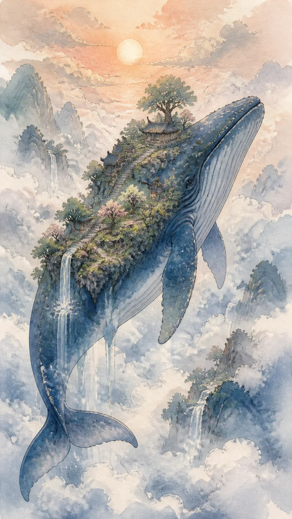 A whale floating through a watercolor mountain landscape