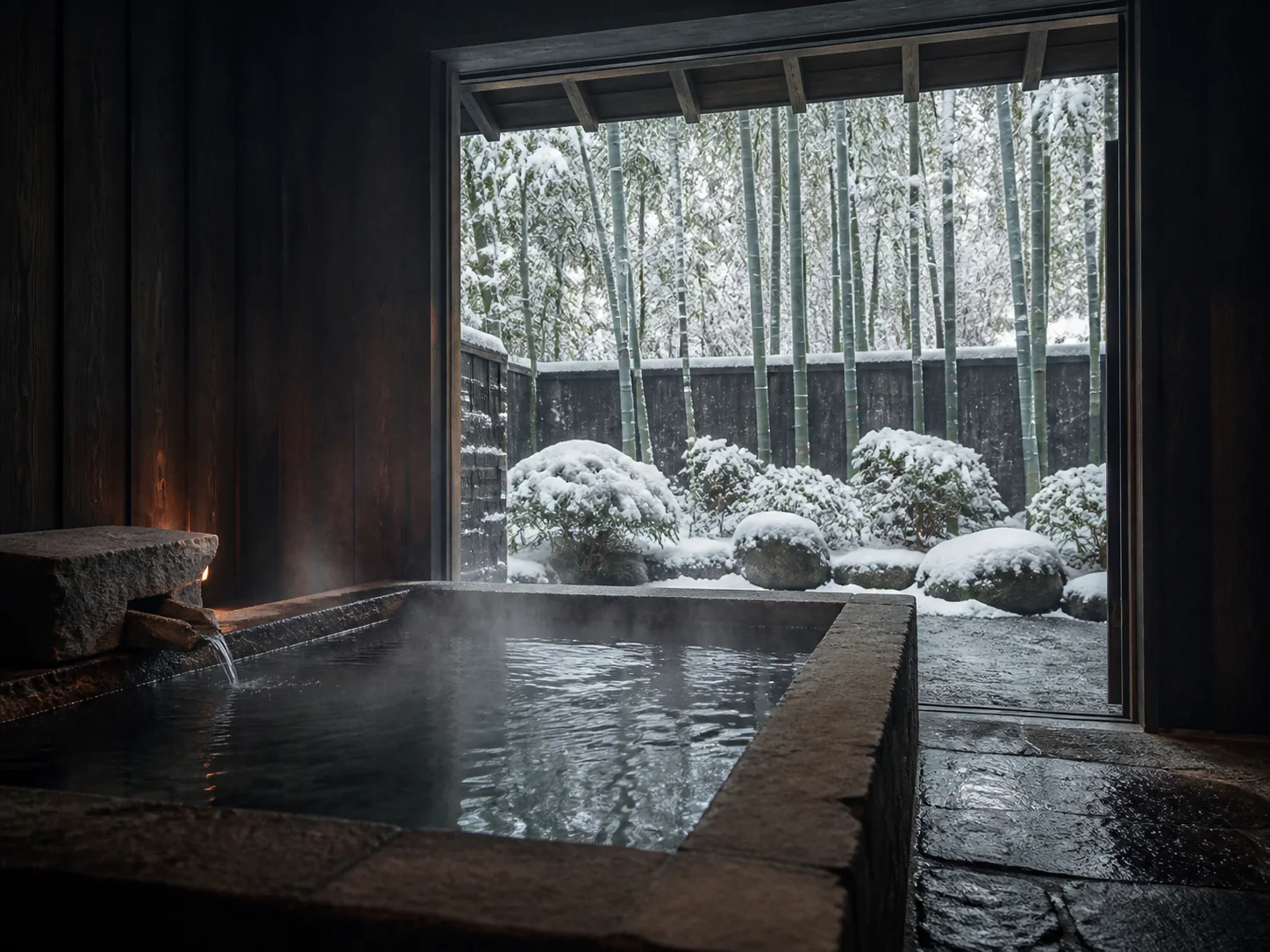 Steaming stone bath facing a snowy bamboo courtyard