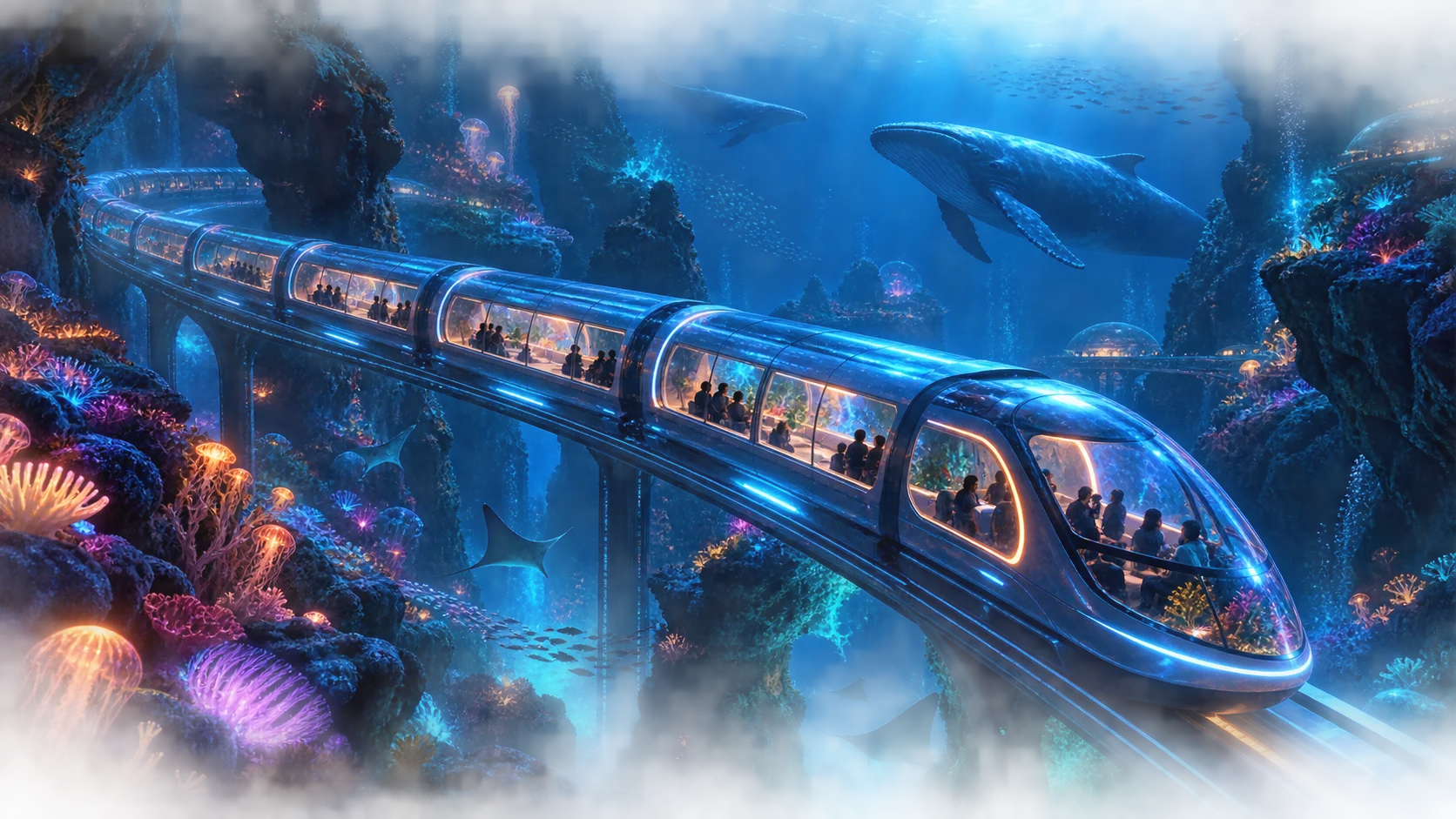 Transparent train crossing a bioluminescent ocean canyon
