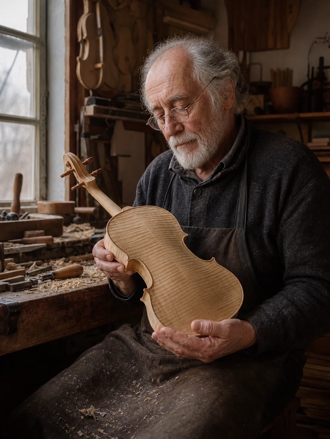 Elderly violin maker inspecting a new instrument
