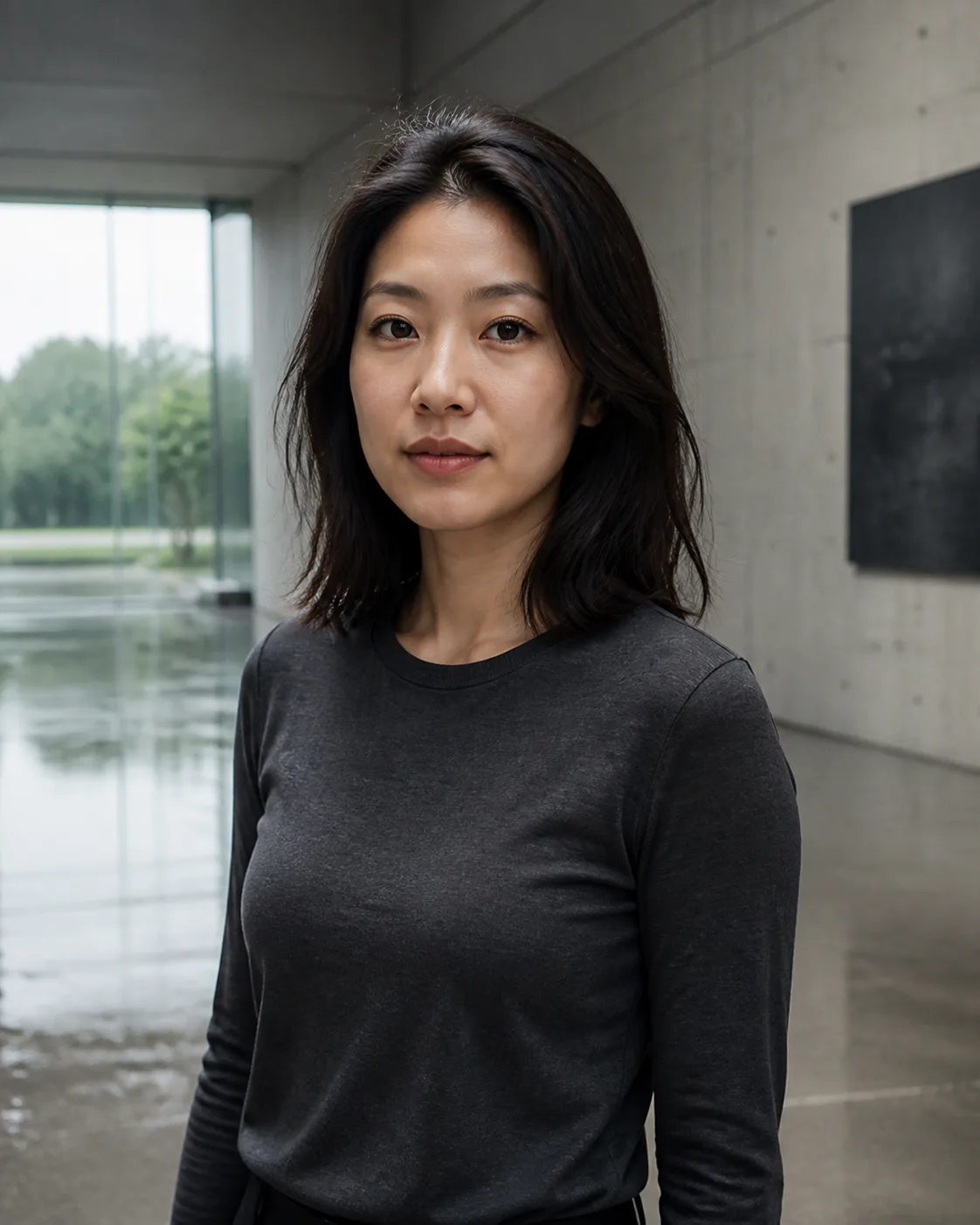 Woman in a concrete gallery before face swap