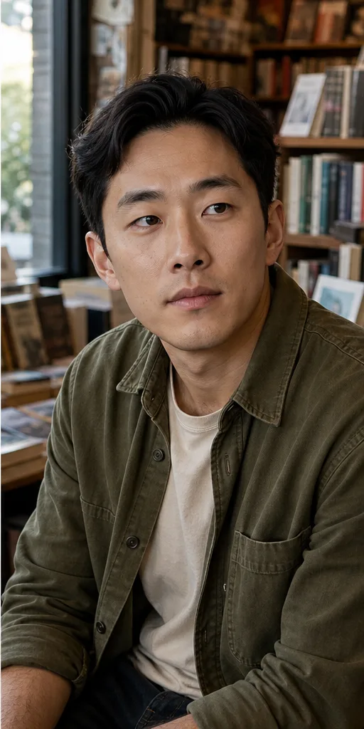 Natural face-swap result for an adult man in an olive overshirt seated in a warm independent bookstore