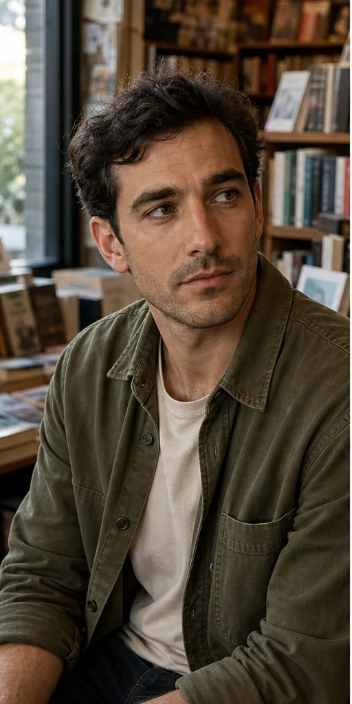 Face-swap target: an adult man in an olive overshirt seated in a warm independent bookstore