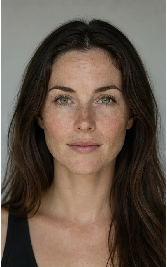 Face identity reference: an adult white woman with freckles and a heart-shaped face