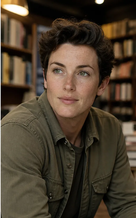 Natural face-swap result for an adult man in an olive overshirt seated in a warm independent bookstore