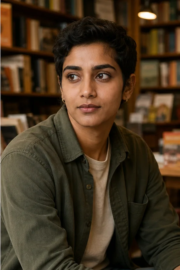 Natural face-swap result for an adult man in an olive overshirt seated in a warm independent bookstore