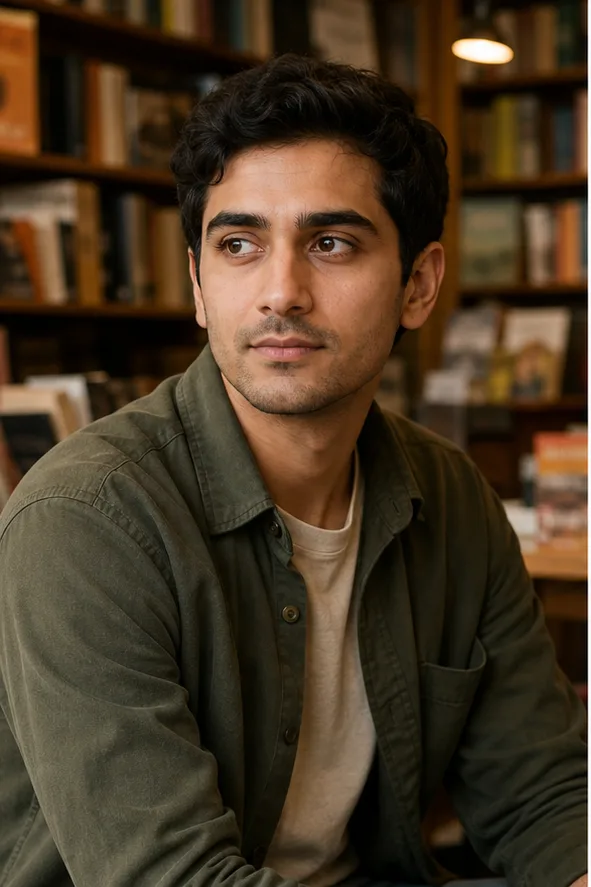 Face-swap target: an adult man in an olive overshirt seated in a warm independent bookstore