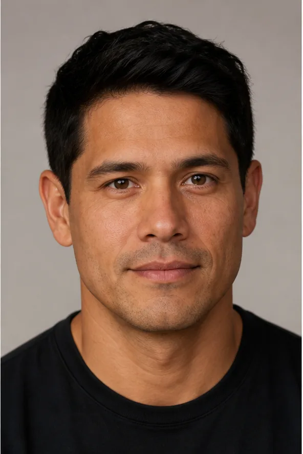 Face identity reference: an adult Latino man with a square jaw and gentle brown eyes