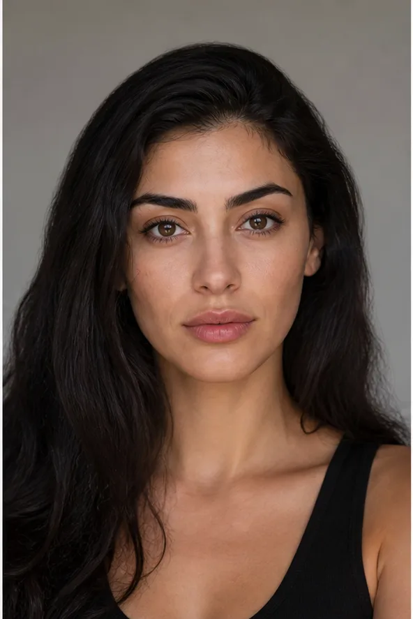 Face identity reference: an adult Middle Eastern woman with strong brows and a graceful long face