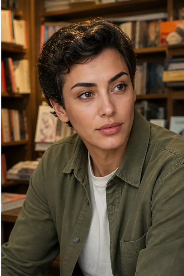 Natural face-swap result for an adult man in an olive overshirt seated in a warm independent bookstore