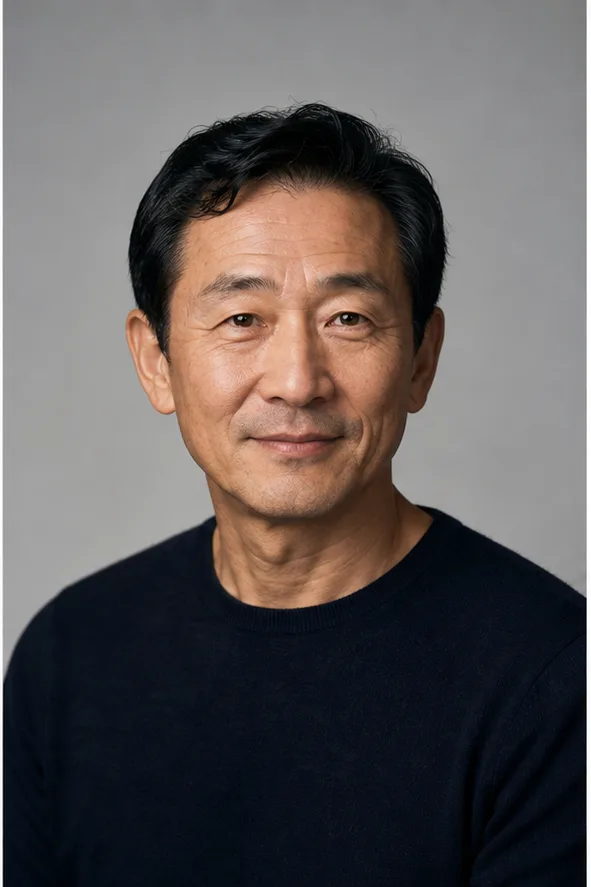 Face identity reference: an older East Asian man with kind eyes and refined facial lines