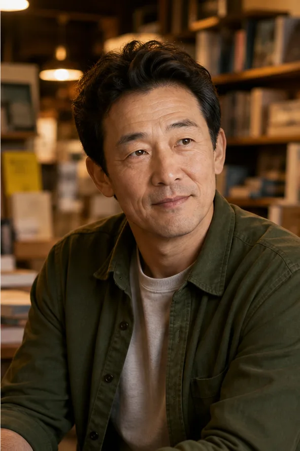 Natural face-swap result for an adult man in an olive overshirt seated in a warm independent bookstore