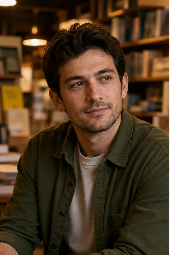 Face-swap target: an adult man in an olive overshirt seated in a warm independent bookstore