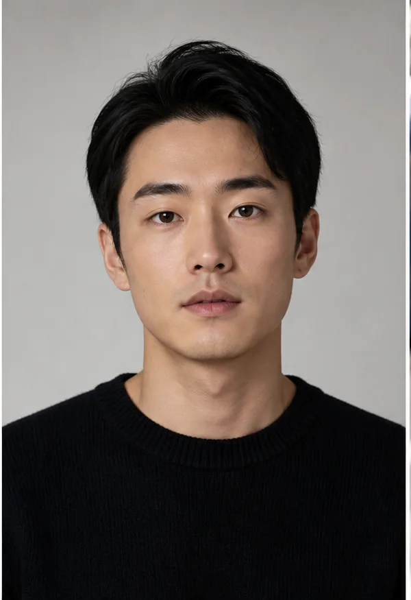 Face identity reference: an adult East Asian man with straight brows and an oval face
