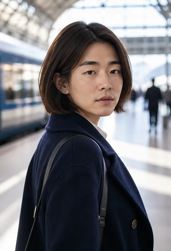 Natural face-swap result for an adult woman in a navy coat standing in a bright train station