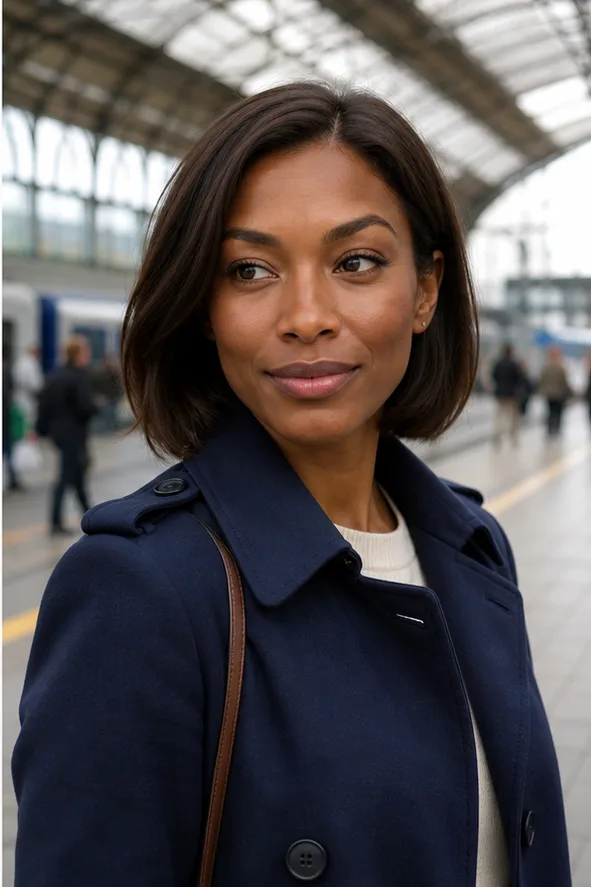 Natural face-swap result for an adult woman in a navy coat standing in a bright train station