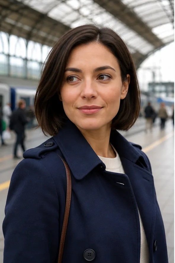 Face-swap target: an adult woman in a navy coat standing in a bright train station