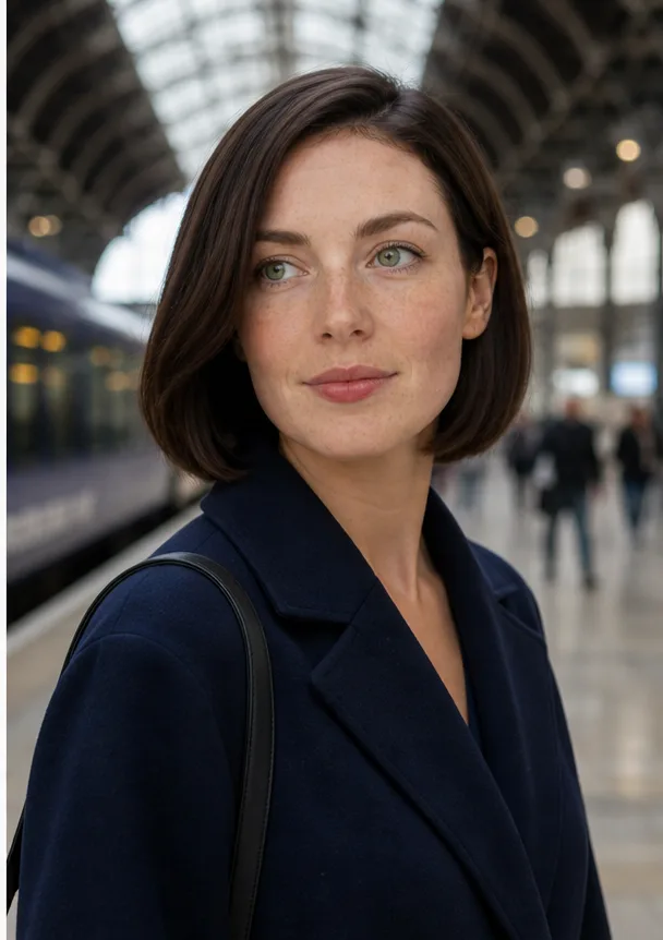 Natural face-swap result for an adult woman in a navy coat standing in a bright train station